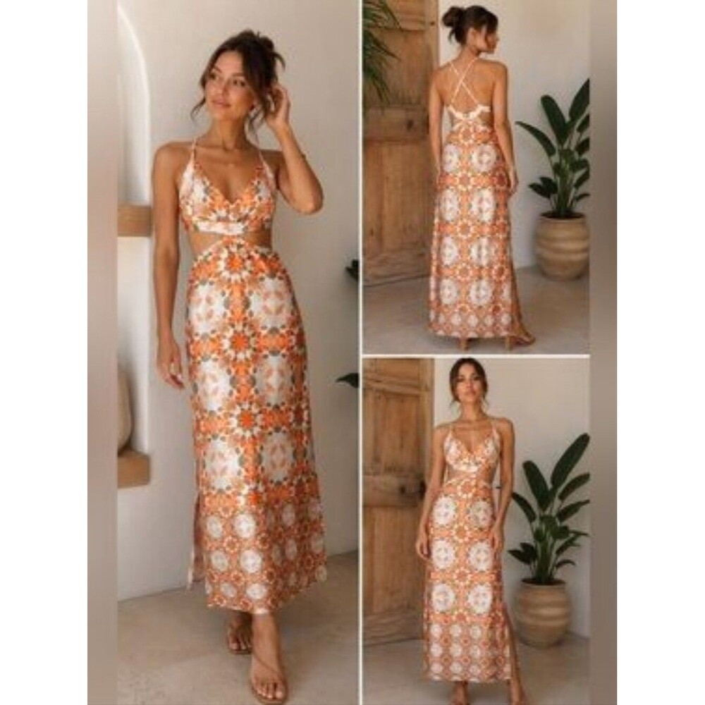 House of Harlow 1960 Maxi Dress Size XS Orange Floral Print Cutout Satin Flowy